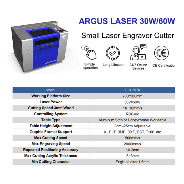 ARGUS Laser Cutting Engraving Machine 30W 60W Laser Cutter 500*700mm Wood Paper Glass Engraving 