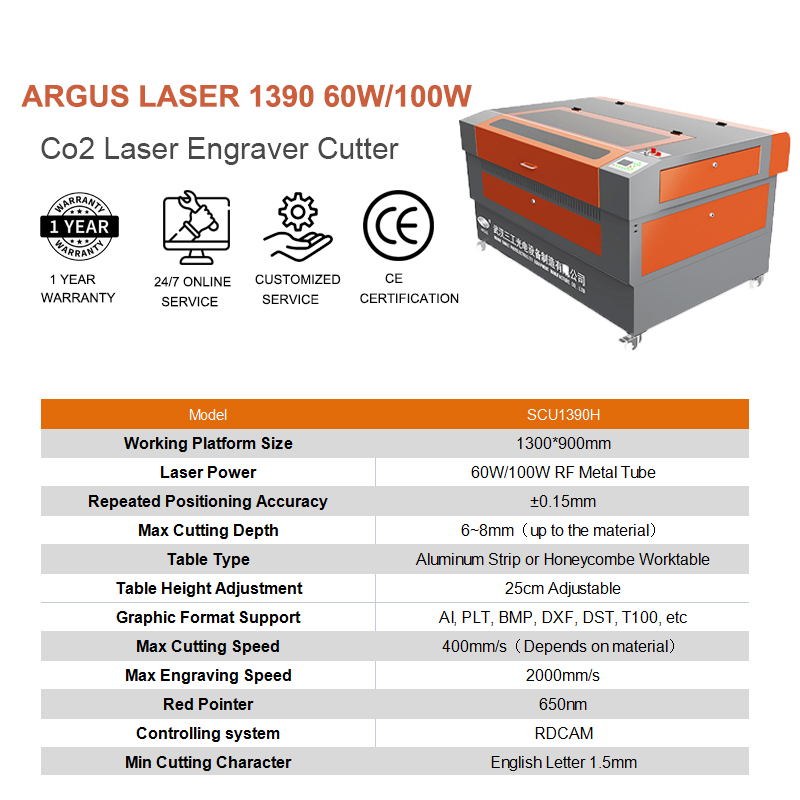 ARGUS Factory hotsale 60W/100W CO2 Laser Cutter Laser Engraving Machine 3d Crystal Laser Engraving Machine1300*900mm For Abs Plastic Double Color Sheet