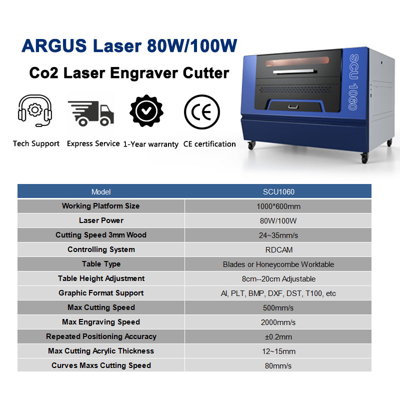 ARGUS Factory hotsale 1060 80W 100W wood laser engraving machine co2 acrylic laser cutting machine High-Quality with ruida system Co2 laser cutting machine 2000mm/s 