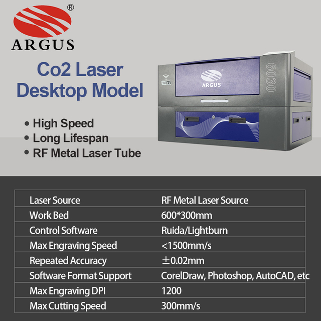 ARGUS 30/50W RF Laser Co2 Laser Engraving Machine 6030 Desktop Co2 Laser Cutter