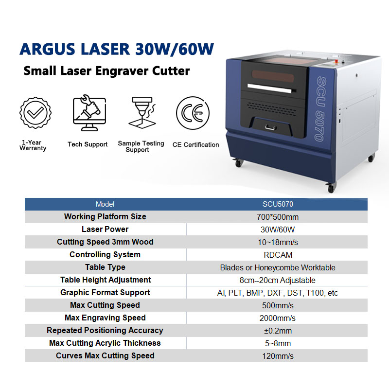 ARGUS 5070 30W 60W Co2 Laser Cutter And Engraver Small Laser Engraving Machine For Home Business