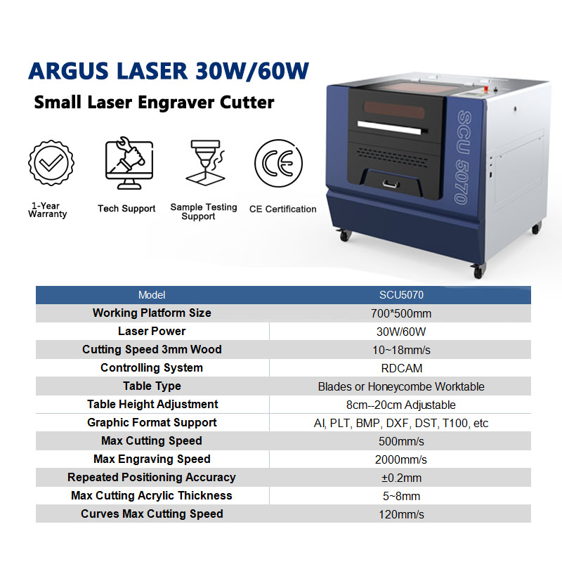 ARGUS High Precision 5070 30W 60W Co2 Laser Engraver Desktop Laser Engraving Cutting Machine Small Laser Nonmetal Engraver Cutter Logo Printing Machine 500*700mm