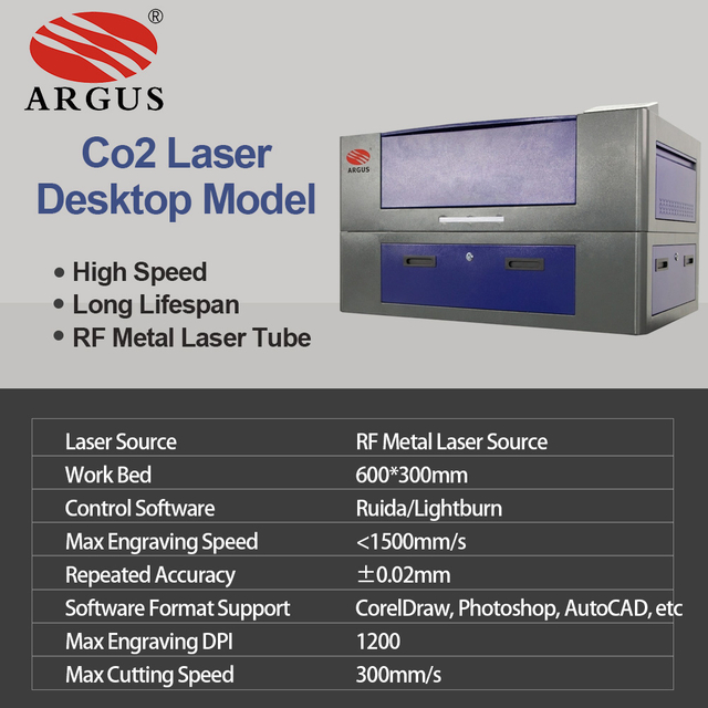 ARGUS 30/50W RF Laser Co2 Laser Engraving Machine 6030 Desktop Co2 Laser Cutter